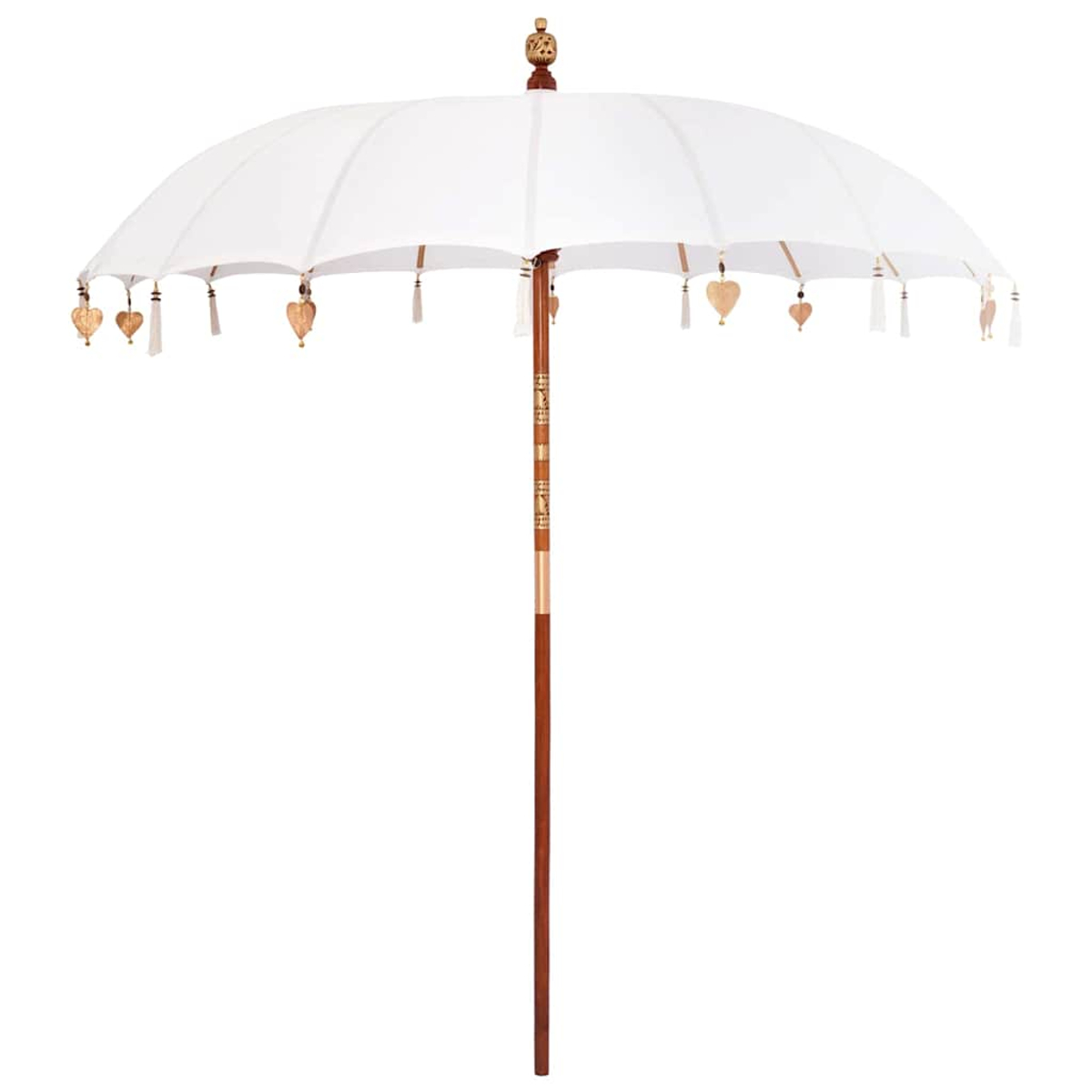 Un parasole bianco con manico in legno, ornato con decorazioni a forma di cuore e nappe. Lo sfondo è bianco.
