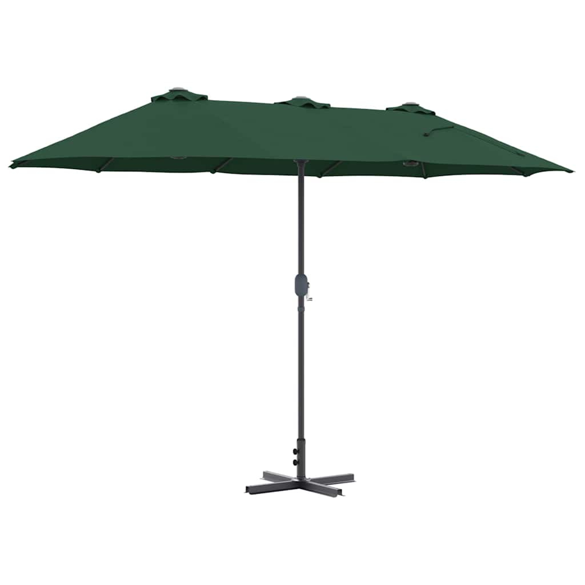 Un ombrellone rettangolare verde scuro con palo e base grigio scuro, isolato su sfondo bianco.