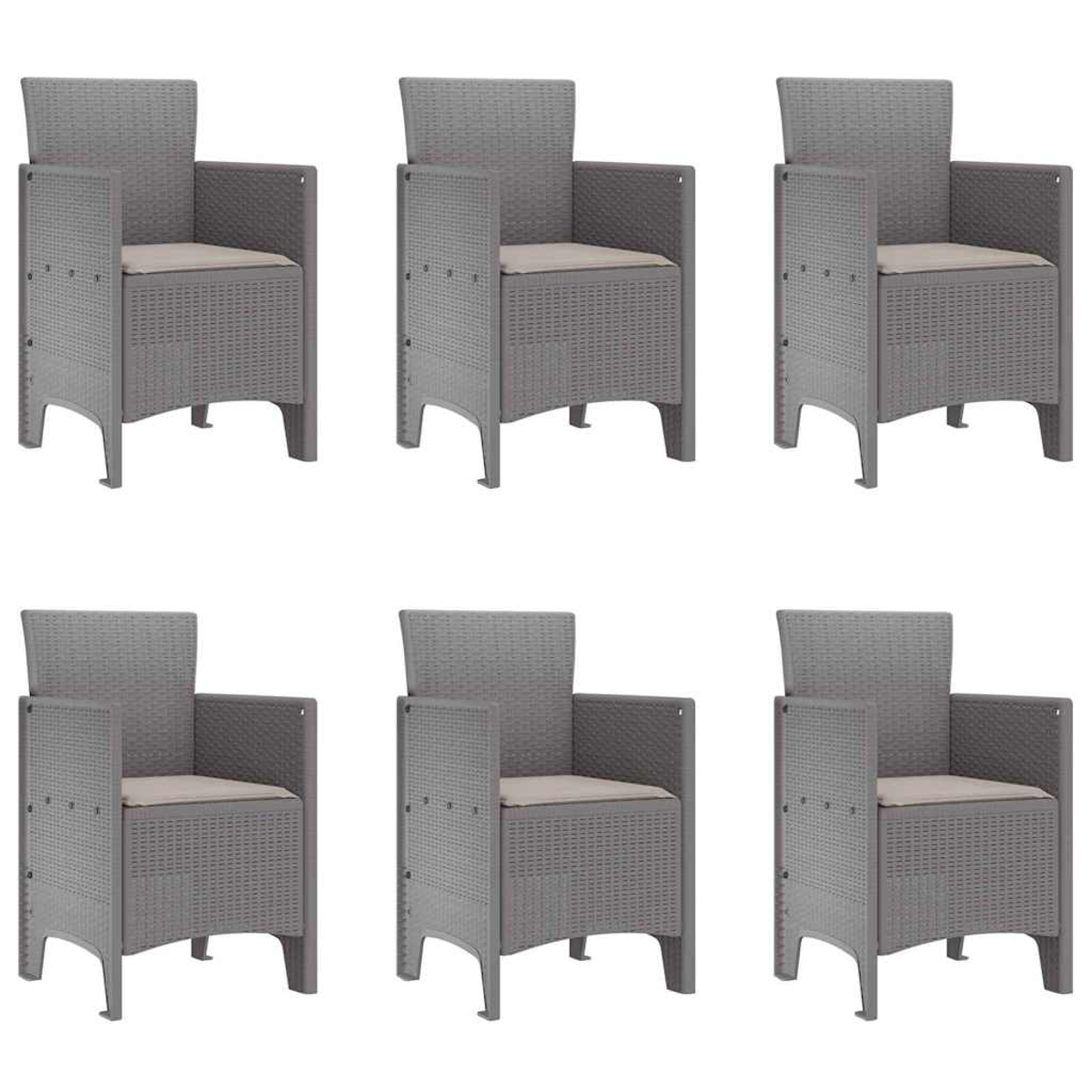 Seis sillones grises con cojines beige están dispuestos en dos filas. Cada silla tiene un patrón tejido, apoyabrazos y respaldo recto.