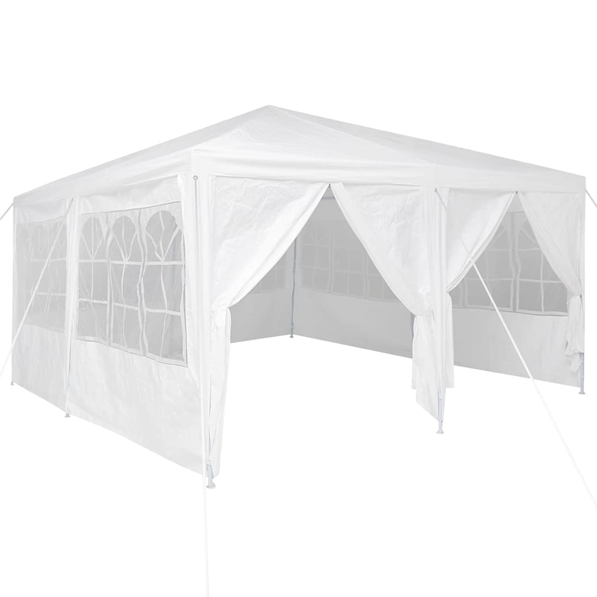 Una tenda rettangolare bianca con finestre e aperture. Ha un tetto a punta ed è su sfondo bianco.