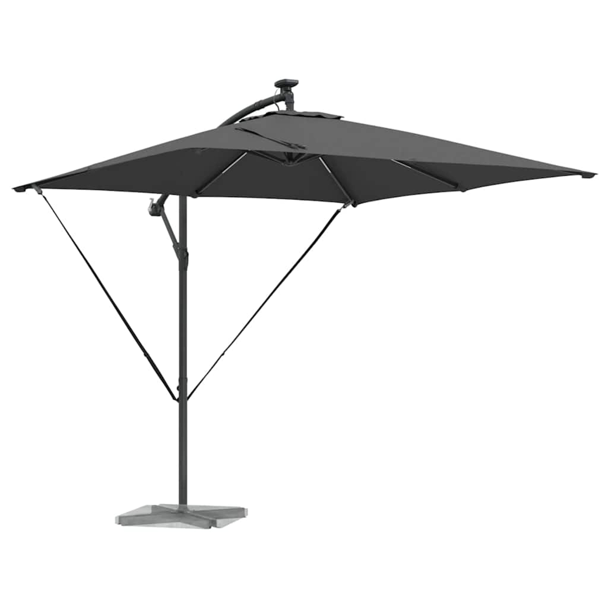 Un ombrellone da patio quadrato nero è aperto. Ha un palo centrale con bracci di supporto e una base quadrata. Lo sfondo è bianco.