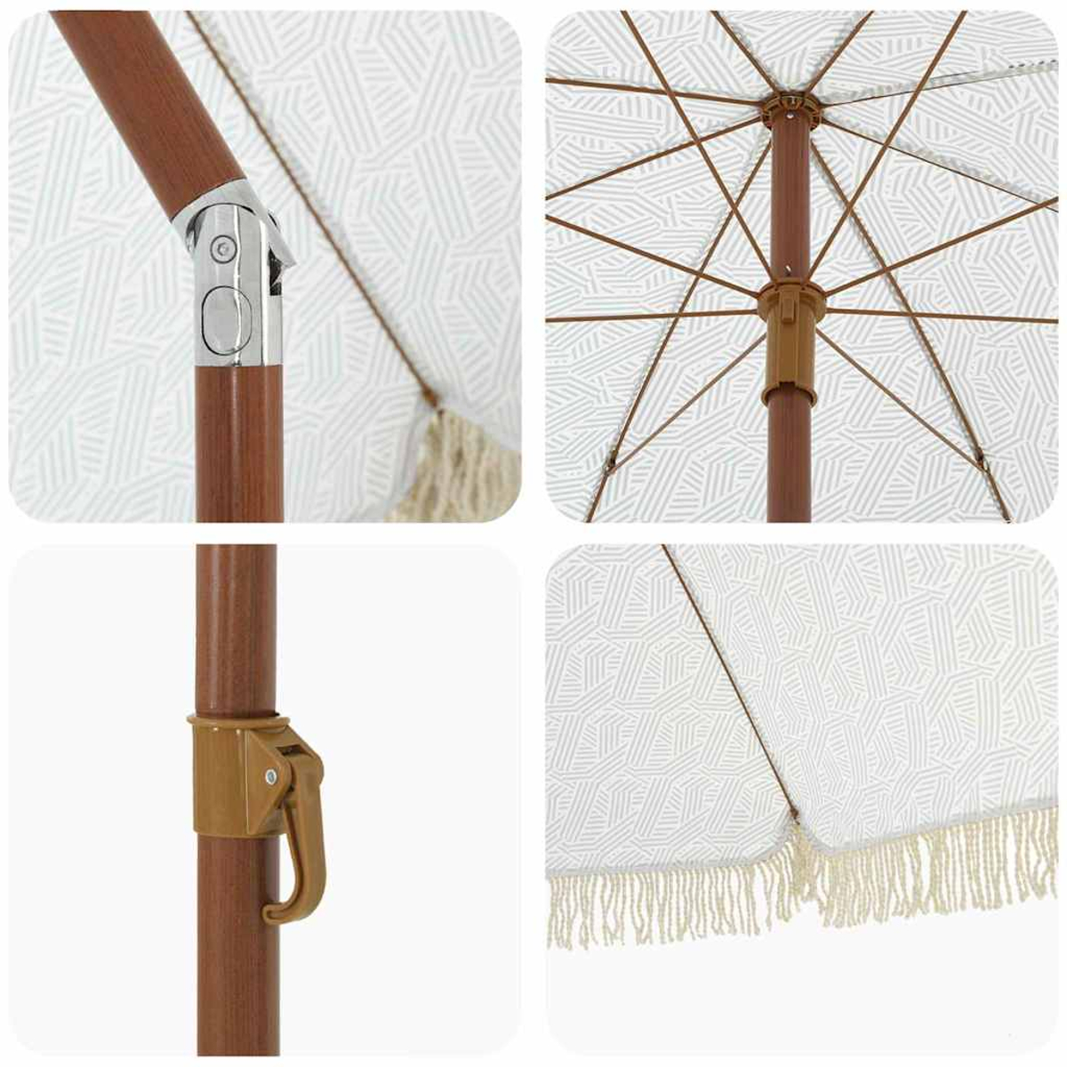 Primi piani di un ombrellone da spiaggia a fantasia beige e bianca con palo in legno, giunti metallici e frange.