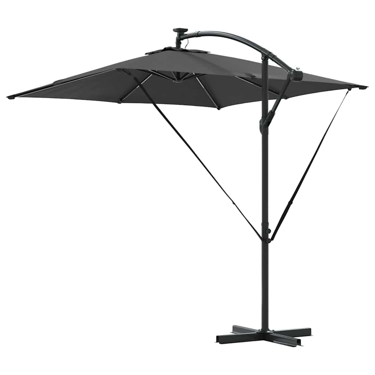 Un ombrellone nero a sbalzo con una tenda quadrata. Ha una struttura nera e una base. Lo sfondo è bianco.