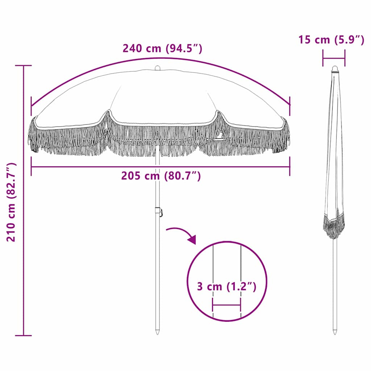 Un ombrellone bianco con frange, le misure sono etichettate: 240 cm, 210 cm, 205 cm, 15 cm e 3 cm. L'ombrellone è mostrato aperto e chiuso.