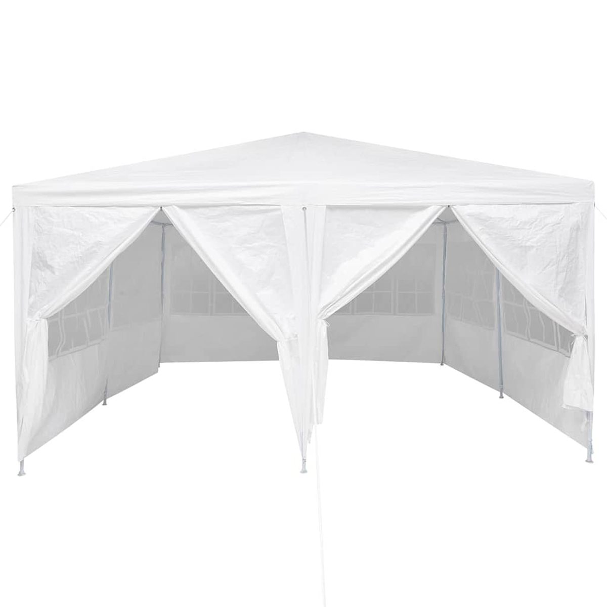 Una tenda bianca rettangolare a comparsa, con lati aperti che rivelano finestre. La parte superiore è a forma di picco. Sfondo bianco.