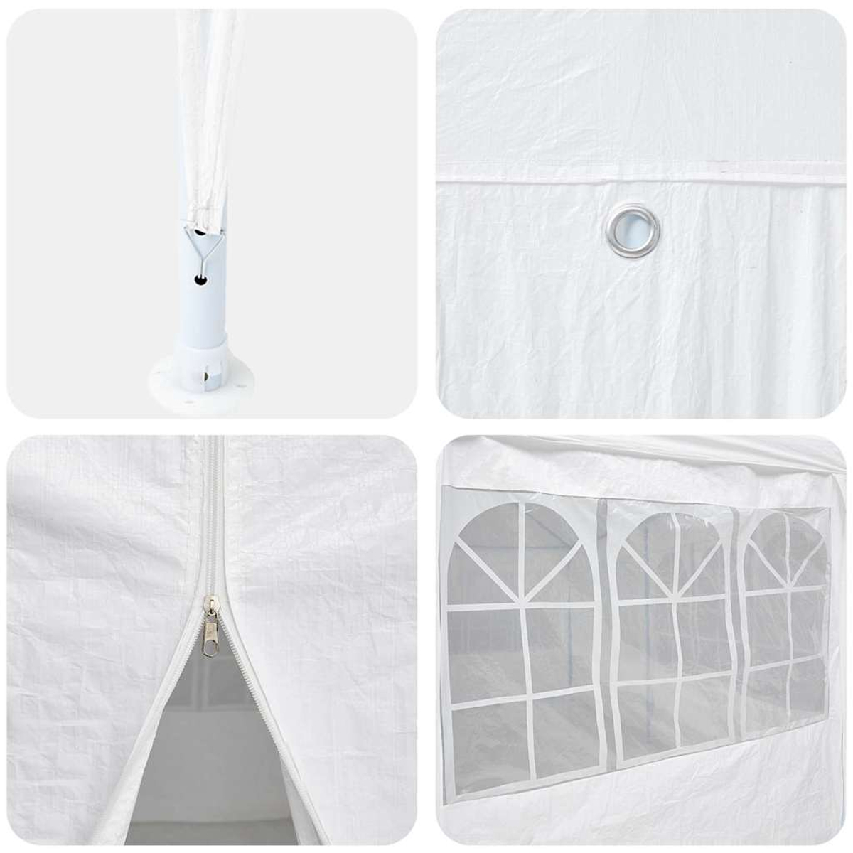 Detail des weißen Zeltes. Enthält die Polbasis, den Stoff, den Reißverschluss und die Fensterbereiche.