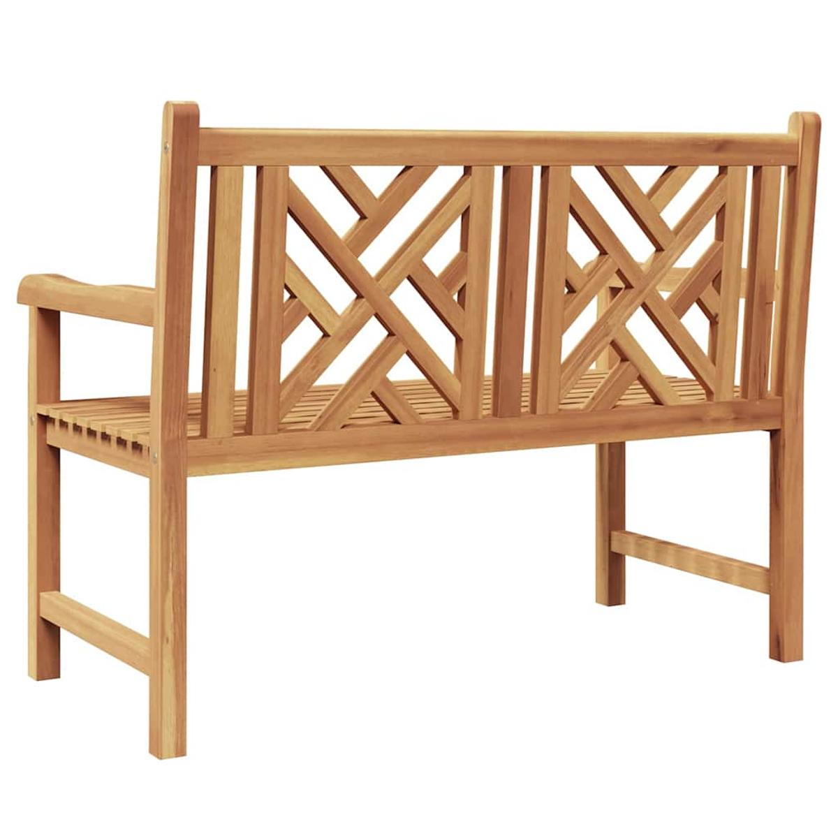 Holzbank mit Lattenrost, Gitterrücken und Armlehne. Sie ist hellbraun und steht auf weißem Hintergrund.