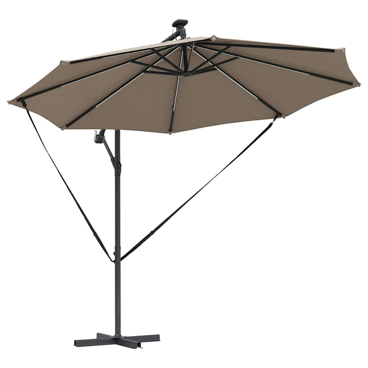 Un ombrellone a sbalzo beige con struttura nera. L'ombrellone è aperto. La base è a forma di croce. Sfondo bianco.