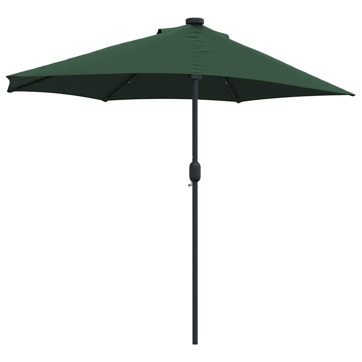 Un ombrellone verde rettangolare è centrato su uno sfondo bianco. Ha un palo nero e una capote verde scuro.