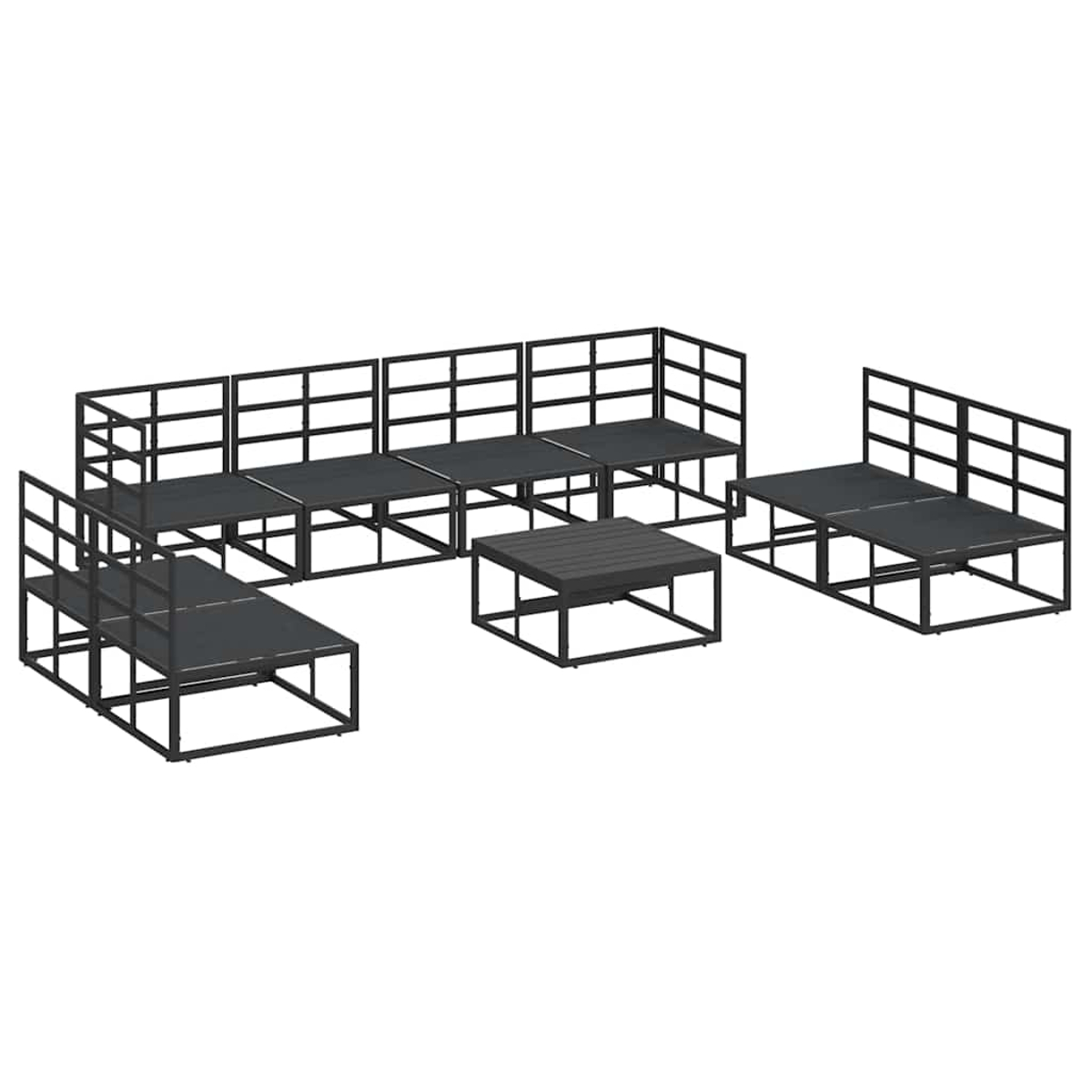 Outdoor-Möbelset: Mehrere schwarze Metallrahmen-Plattformen, einige mit Rückenlehnen, und ein kleiner Tisch, alles auf weißem Hintergrund.