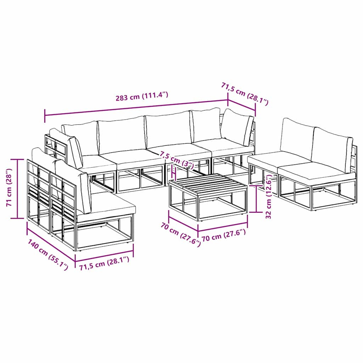 Outdoor-Sitzgruppe, Ecksofa mit Maßen und kleinem quadratischem Tisch. Das Set ist detailliert mit Maßen in cm und Zoll.