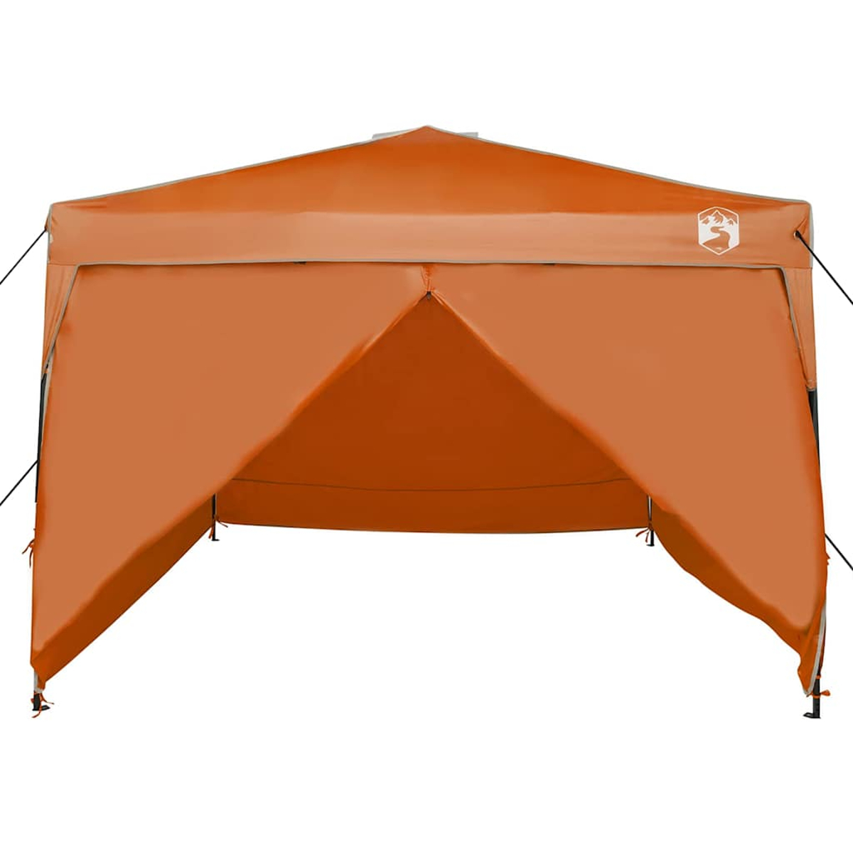 Ein orangefarbenes Pop-up-Zelt mit einem Logo oben. Das Zelt hat eine offene Vorderseite und steht vor einem weißen Hintergrund.