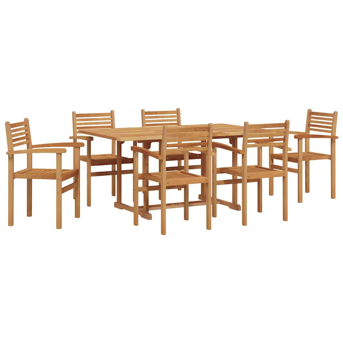 Ein hölzernes Esszimmer-Set für den Außenbereich mit einem rechteckigen Tisch und sechs Stühlen, alles aus hellbraunem Holz.