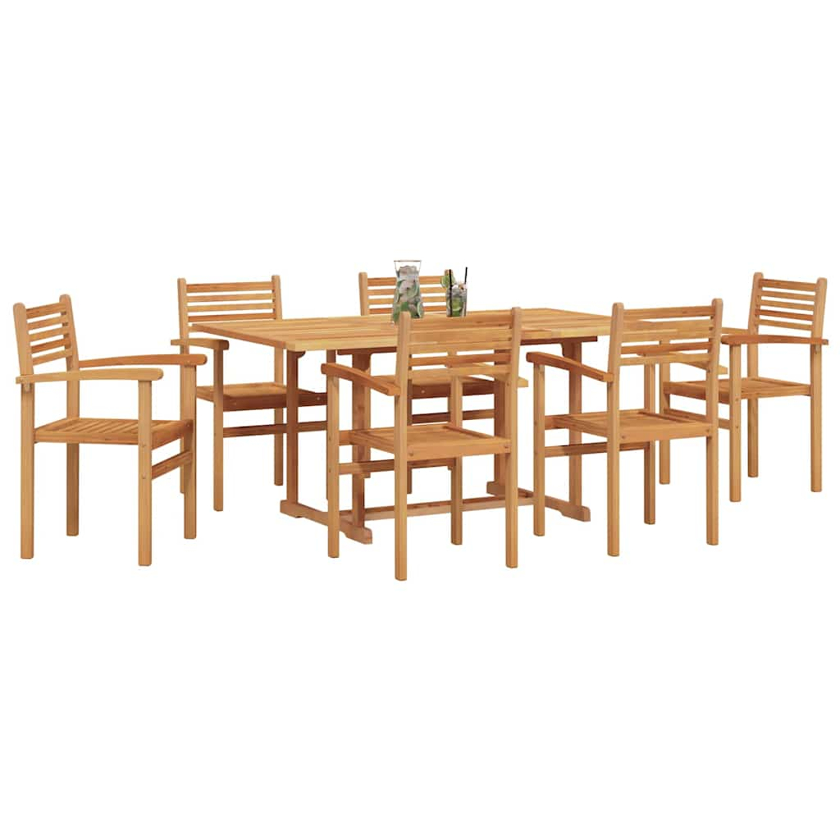 Holz-Terrassenset: rechteckiger Tisch, sechs Stühle. Gläser mit Getränken auf dem Tisch. Alle Artikel sind aus hellbraunem Holz.