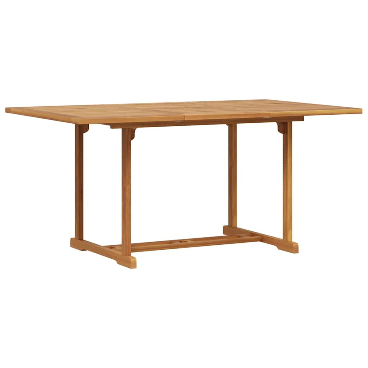 Ein rechteckiger Holztisch. Er hat vier Beine und eine Lattenoberseite. Der Tisch ist aus hellbraunem Holz und steht vor weißem Hintergrund.