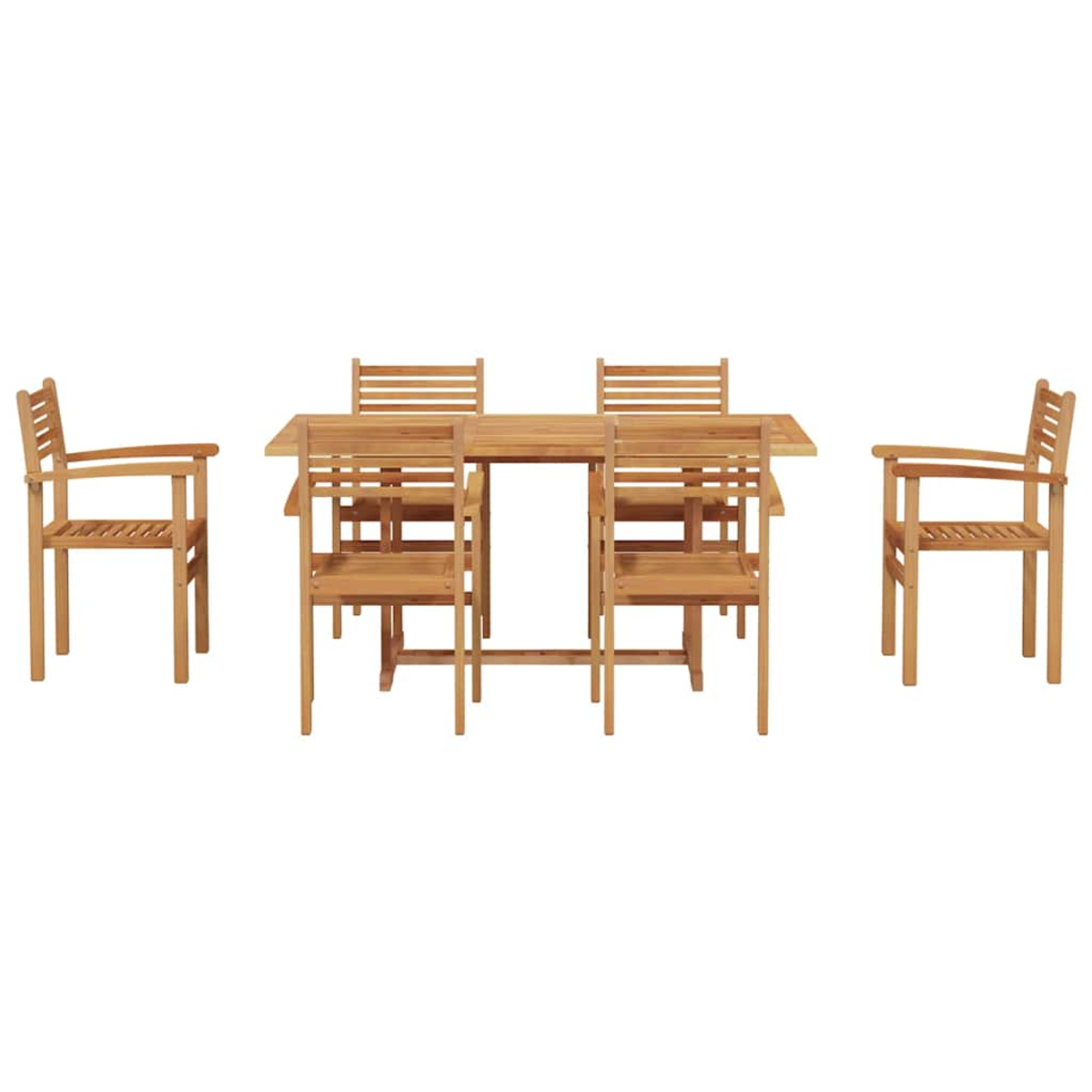 Holz-Essgruppe für den Außenbereich auf weißem Hintergrund. Enthält einen Tisch und sechs Stühle. Stühle haben Armlehnen.