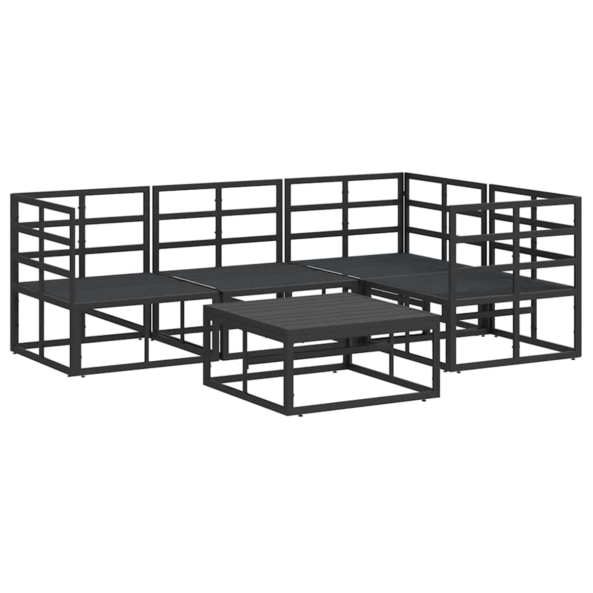 Dunkelgraues Outdoor-Möbelset, bestehend aus einem Ecksofa und einem quadratischen Couchtisch, alles in modernem Design.