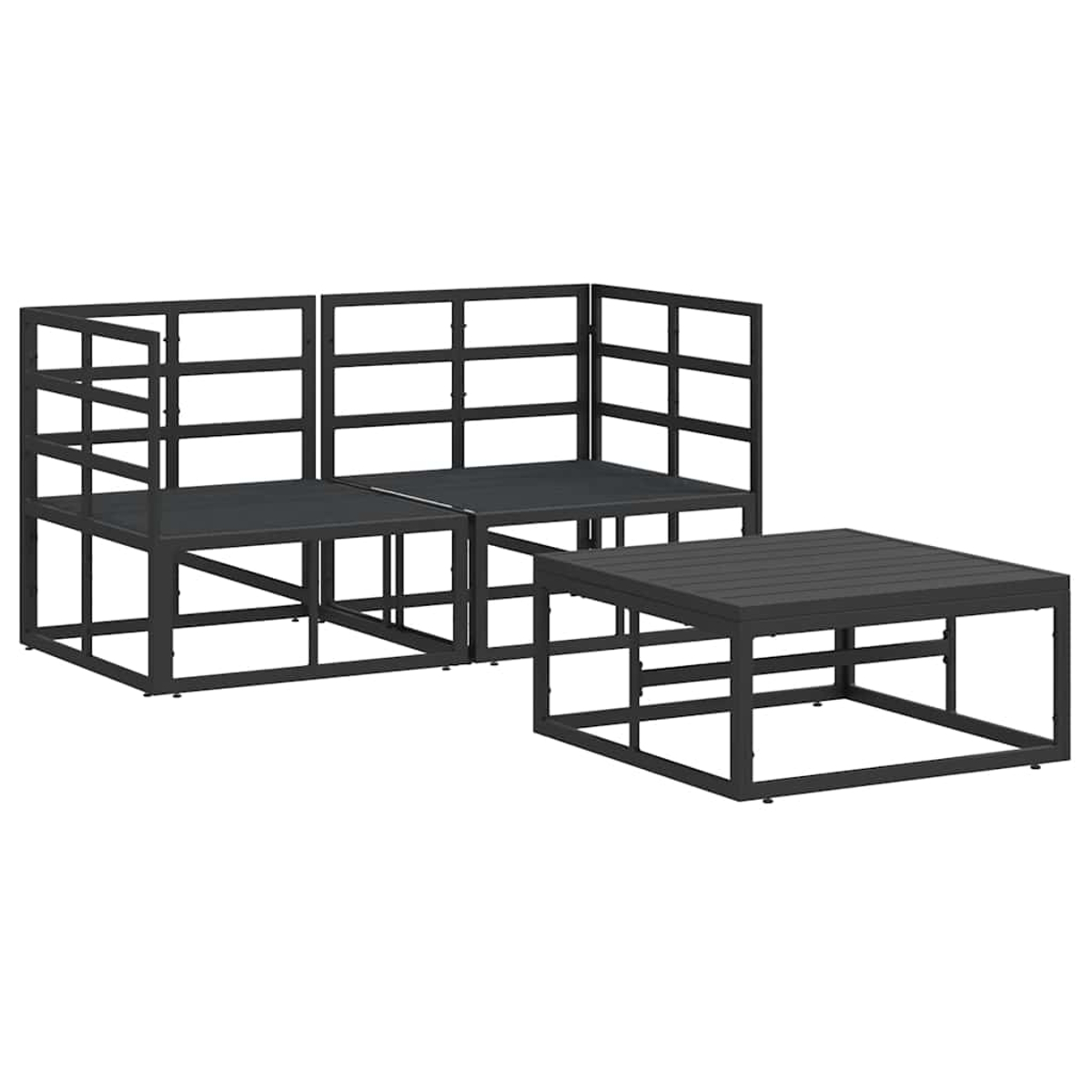 Gartenmöbelset: Zweisitzer-Sofa und quadratischer Couchtisch, alles in Dunkelgrau, auf weißem Hintergrund. Metallrahmenkonstruktion.