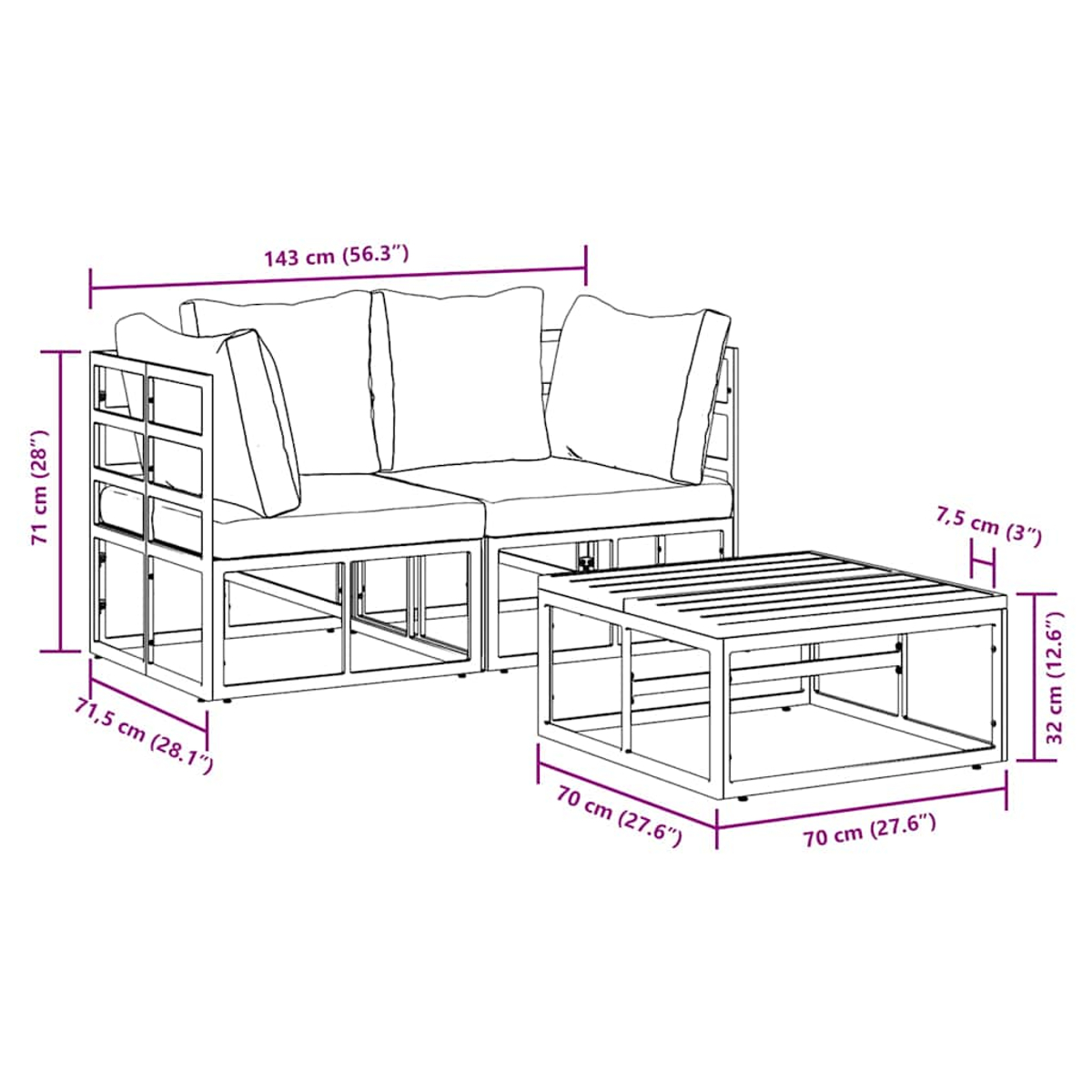 Diagramm eines Möbelsets. Es zeigt ein Sofa und einen Tisch. Abmessungen in Zentimetern und Zoll für jedes Teil sind angegeben.
