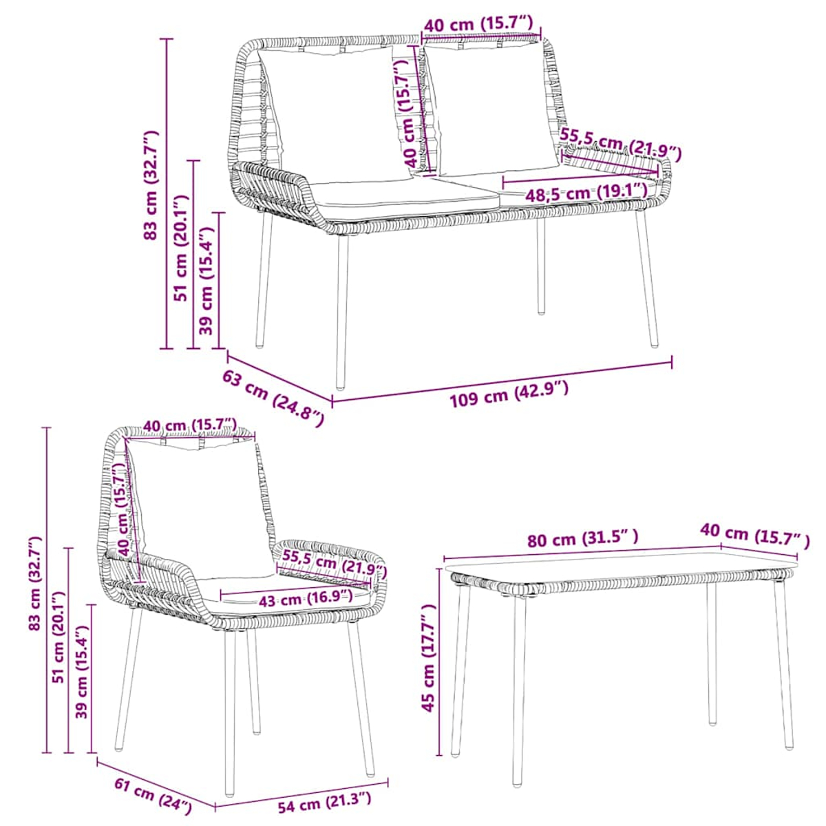 Diagramm mit den Abmessungen von Gartenmöbeln: einer Zweisitzer-Couch, einem Stuhl und einem Tisch, alle im gewebten Stil.
