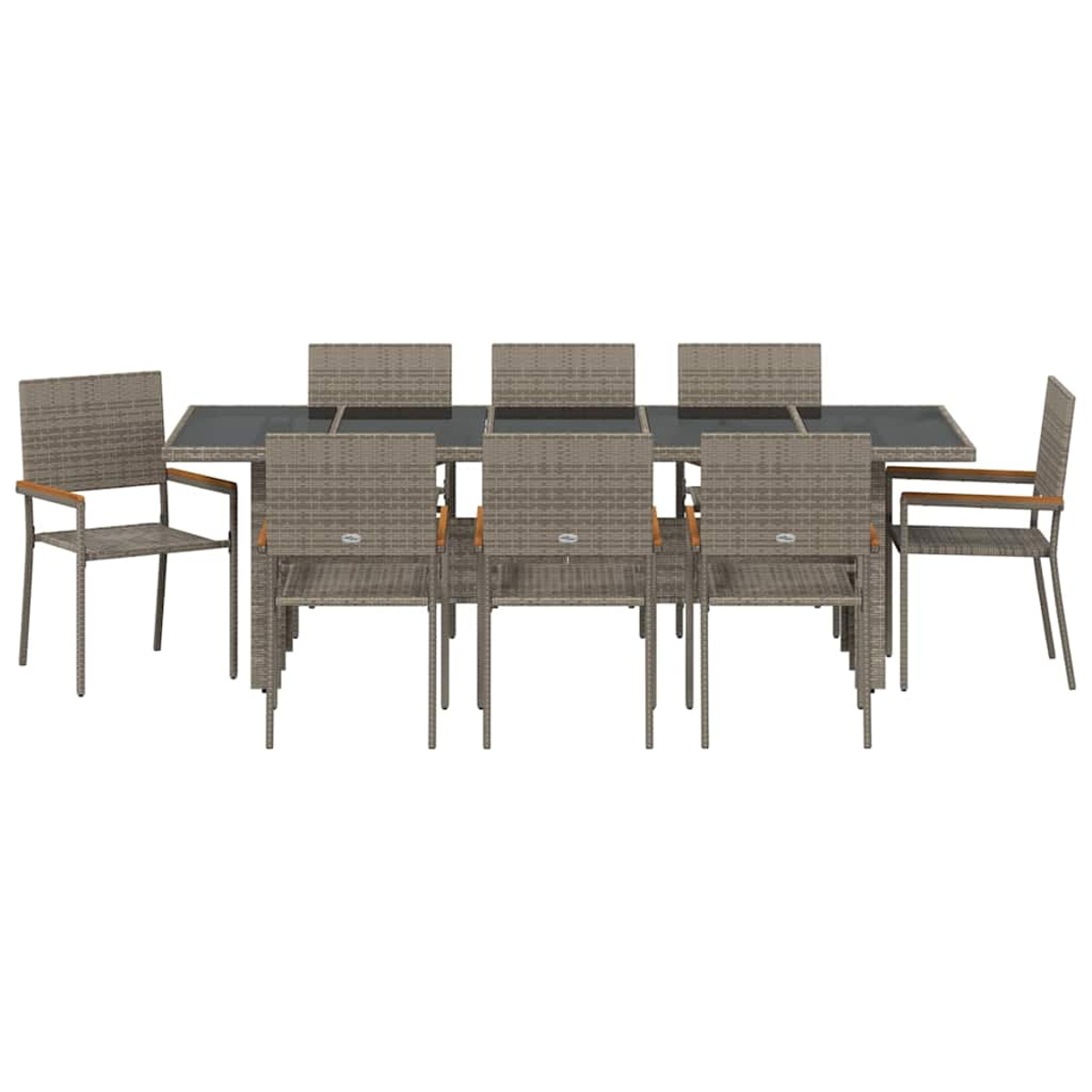 Un juego de comedor con una mesa rectangular y ocho sillas. Las sillas y la mesa tienen un diseño tejido, con reposabrazos de madera.
