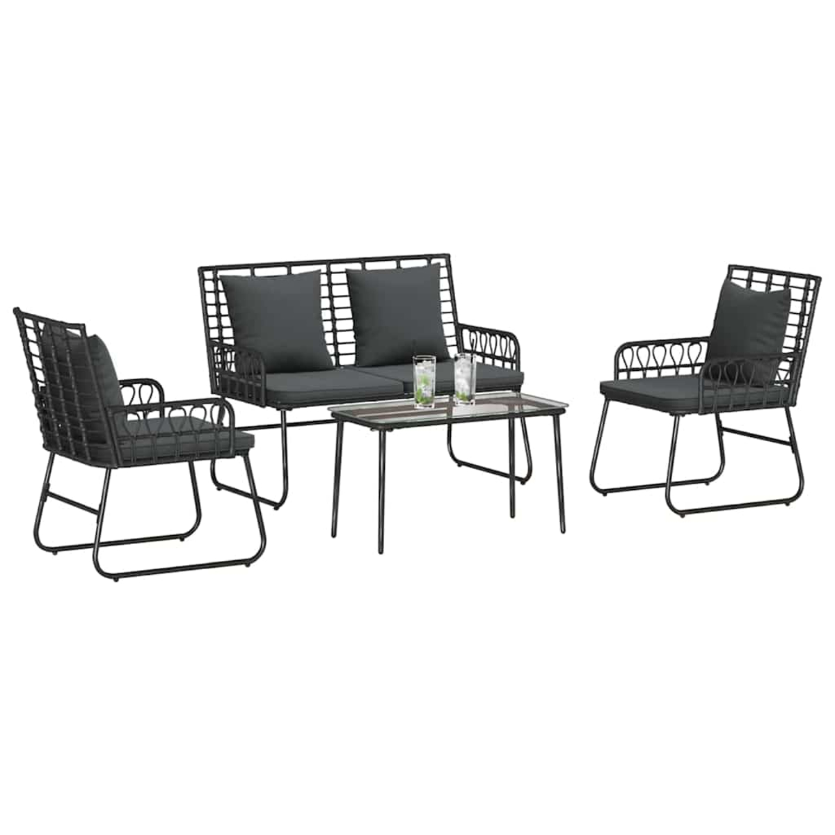 Juego de muebles de exterior con marcos de metal negro, cojines grises y una mesa con tapa de cristal. Incluye un sofá y dos sillas.