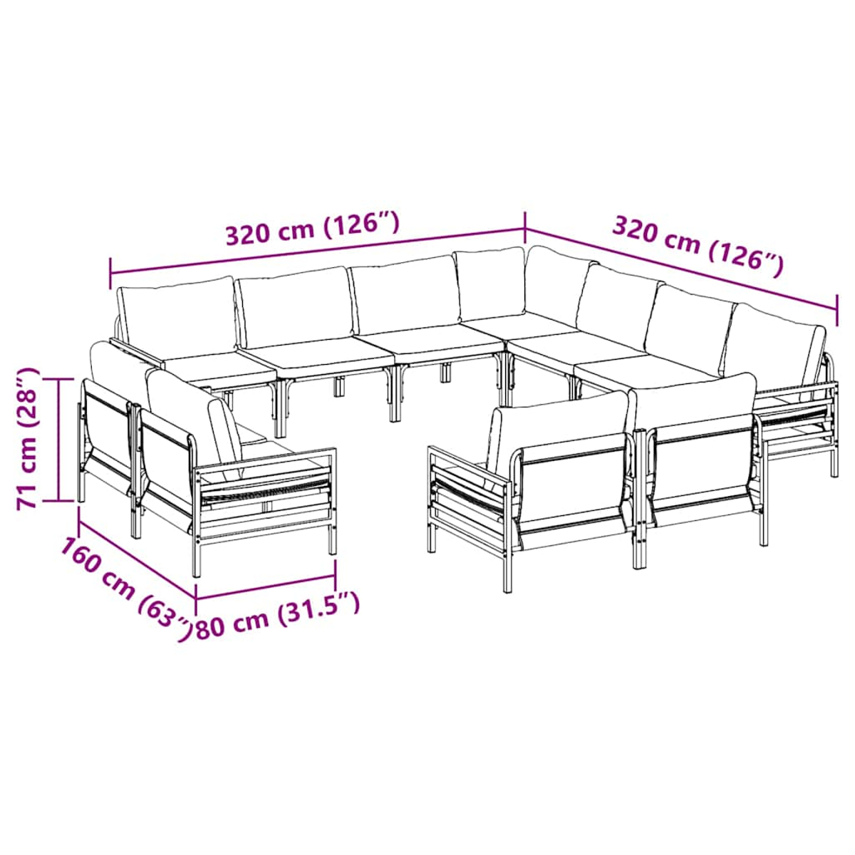 Outdoor-Ecksofa-Set mit Maßangaben. Enthält mehrere Sitzmodule und Sessel, mit Maßangaben in cm und Zoll.