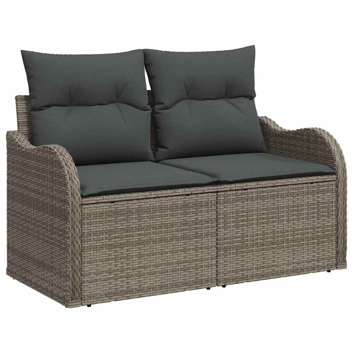 Ein graues Zweisitzer-Sofa aus Korbgeflecht mit dunkelgrauen Kissen und Polstern.