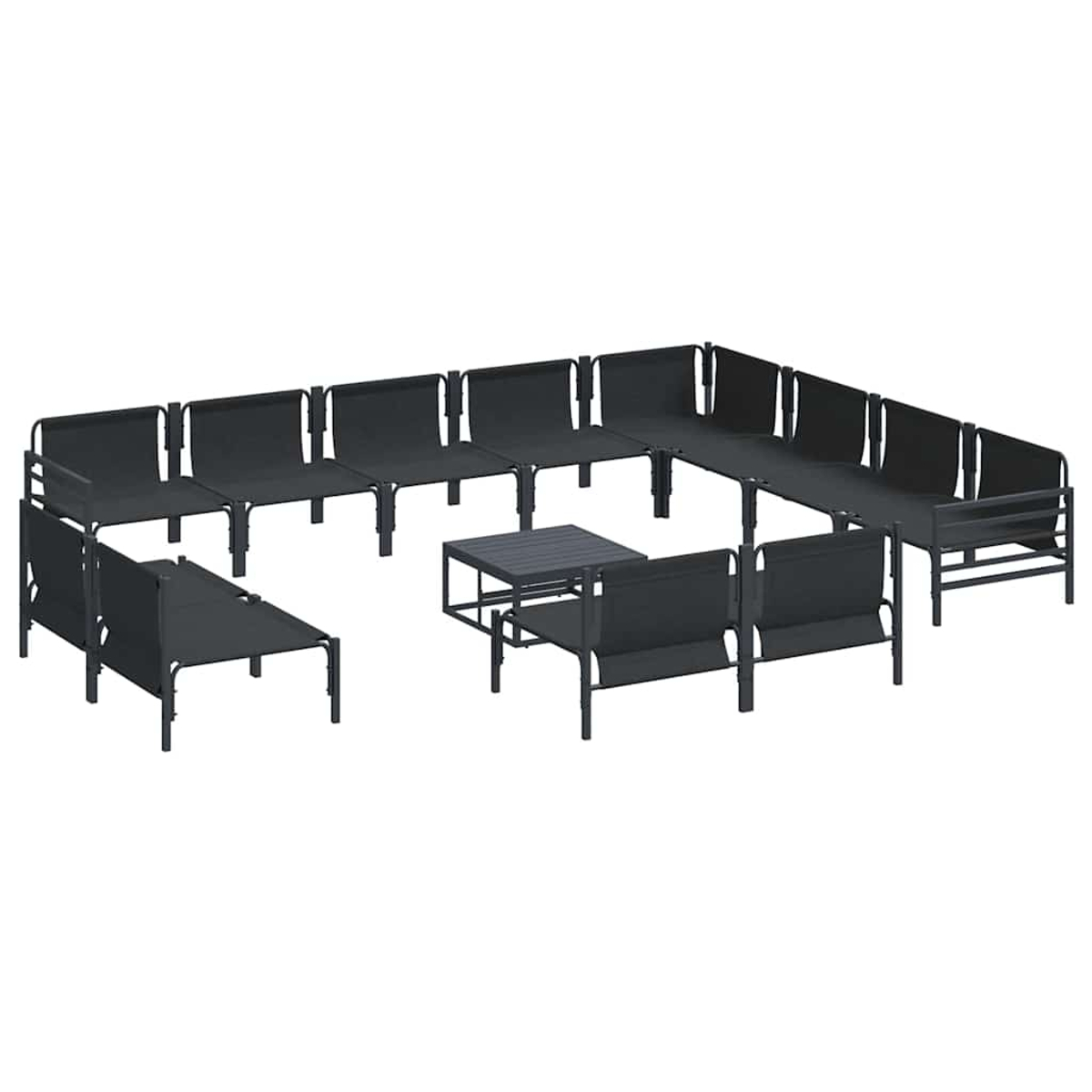 Ein Outdoor-Möbelset mit mehreren schwarzen Liegestühlen und einem kleinen quadratischen Tisch, angeordnet in einer geräumigen Umgebung.