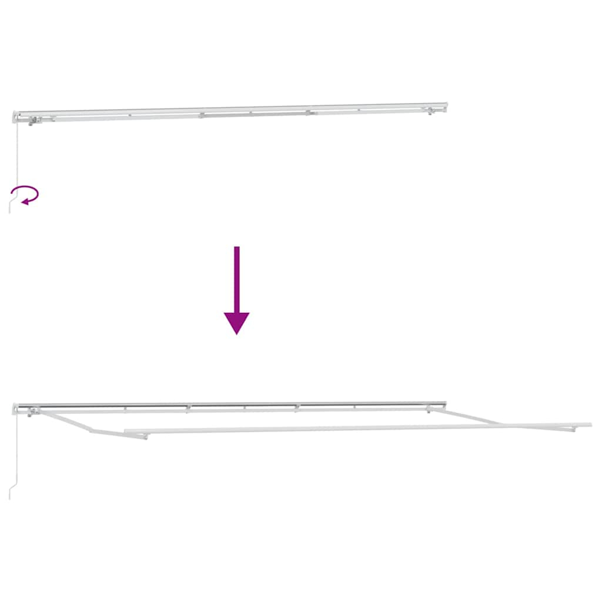 Diagramm, das eine Markise in zwei Positionen zeigt: eingefahren und ausgefahren. Ein lila Pfeil zeigt die Bewegung an.