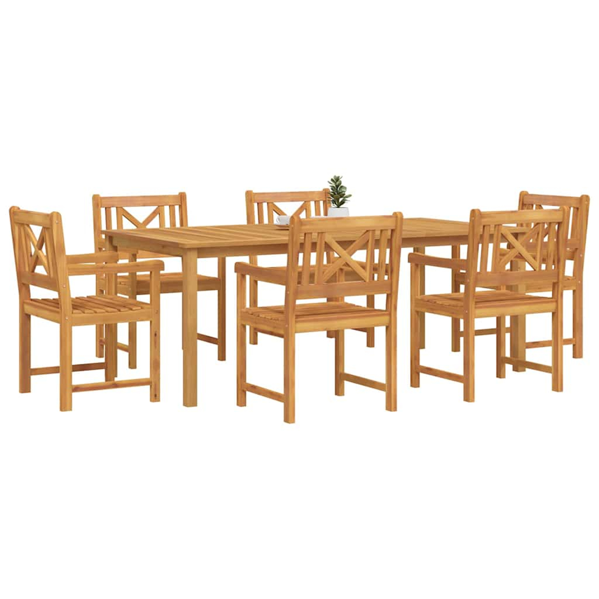 Essgruppe aus Holz für den Außenbereich mit rechteckigem Tisch und sechs Stühlen. Auf dem Tisch steht eine kleine Pflanze. Alles ist hellbraun.