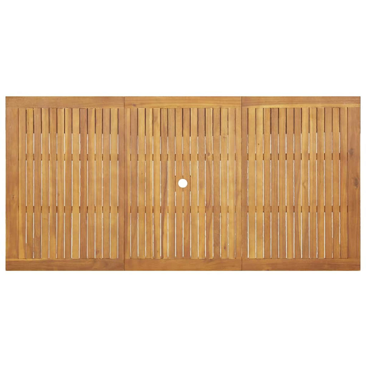 Draufsicht auf einen rechteckigen Holztisch mit Loch in der Mitte. Die Oberfläche besteht aus vertikalen Holzlatten.
