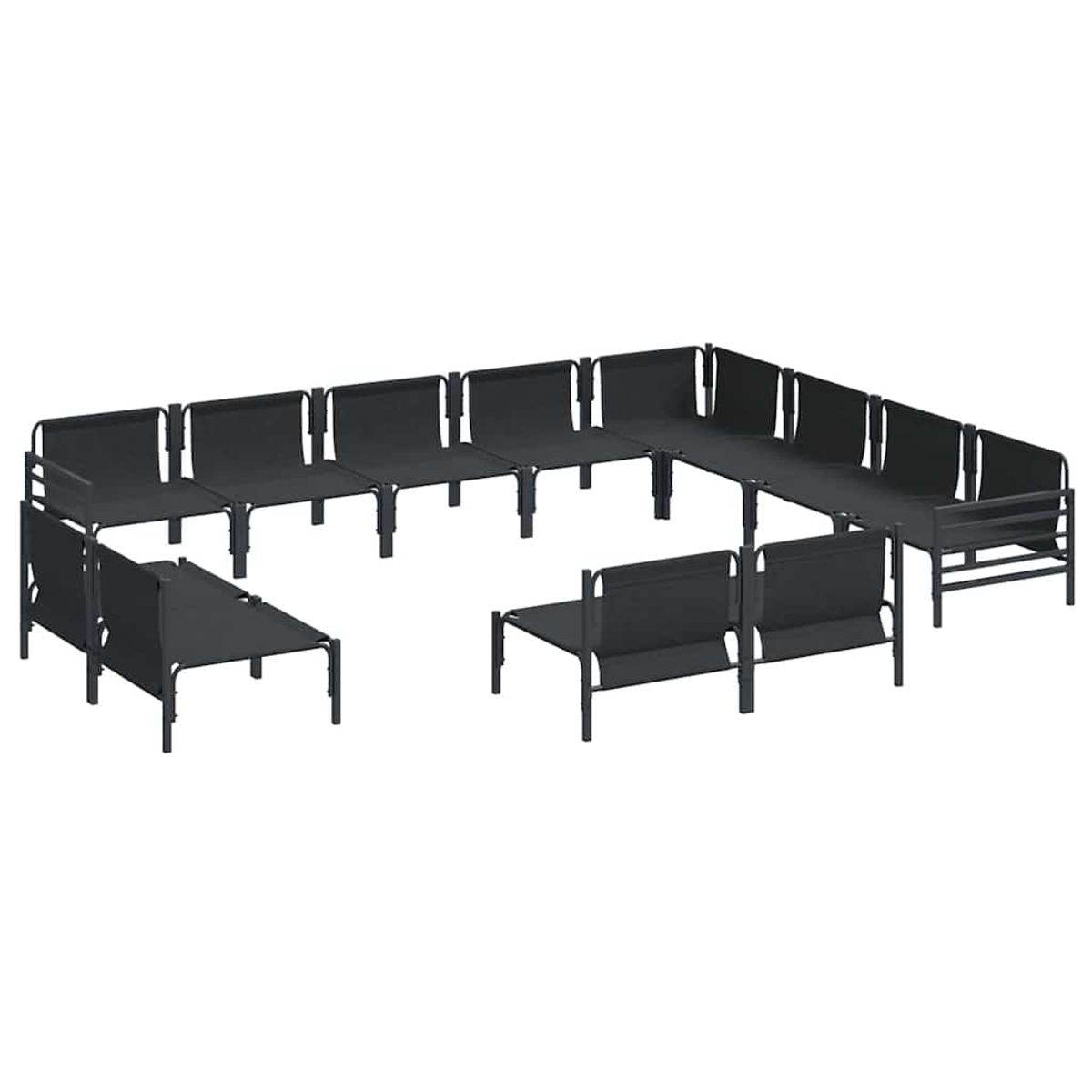 Disposición de bancos con estructura de metal negro y asientos de tela. Los bancos están dispuestos en diversas formas y configuraciones.