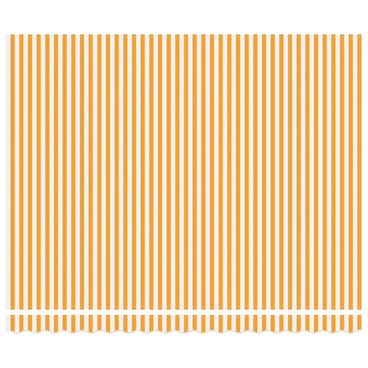 Ein orange-weiß gestreiftes Muster, das an eine gestreifte Markise erinnert. Am unteren Rand des Bildes befindet sich eine weiße, gewellte Verzierung.