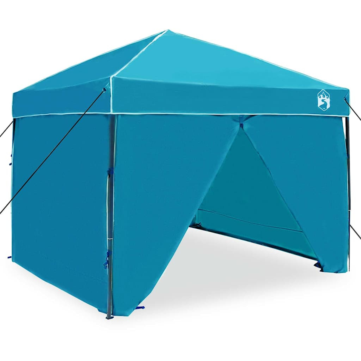 Un gazebo pop-up turchese è su sfondo bianco. Ha un tetto a punta, finiture bianche e un logo laterale.