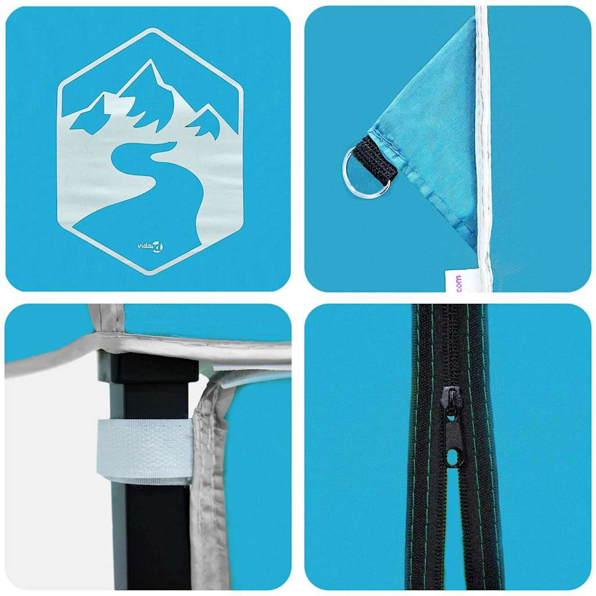 L'immagine presenta primi piani: logo con montagne, tessuto con anello, cinturino in velcro su un palo e una cerniera.