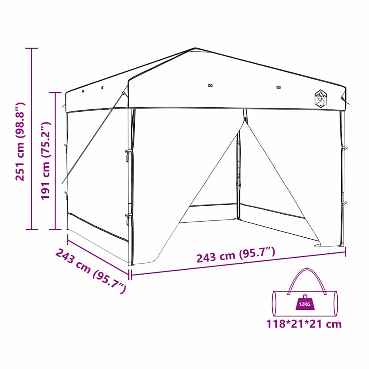 Una tenda bianca da esterno con dimensioni e una borsa per il trasporto. La tenda è misurata in cm e pollici.