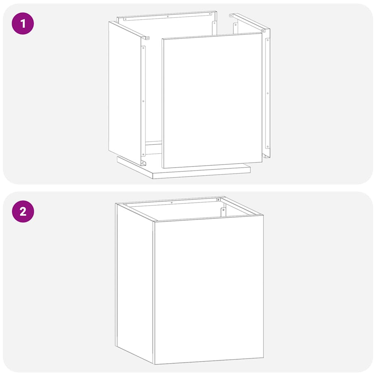 Schritt 1 zeigt eine Explosionszeichnung eines Schranks. Schritt 2 zeigt den zusammengebauten Schrank. Beide sind Umrisse auf hellem Hintergrund.