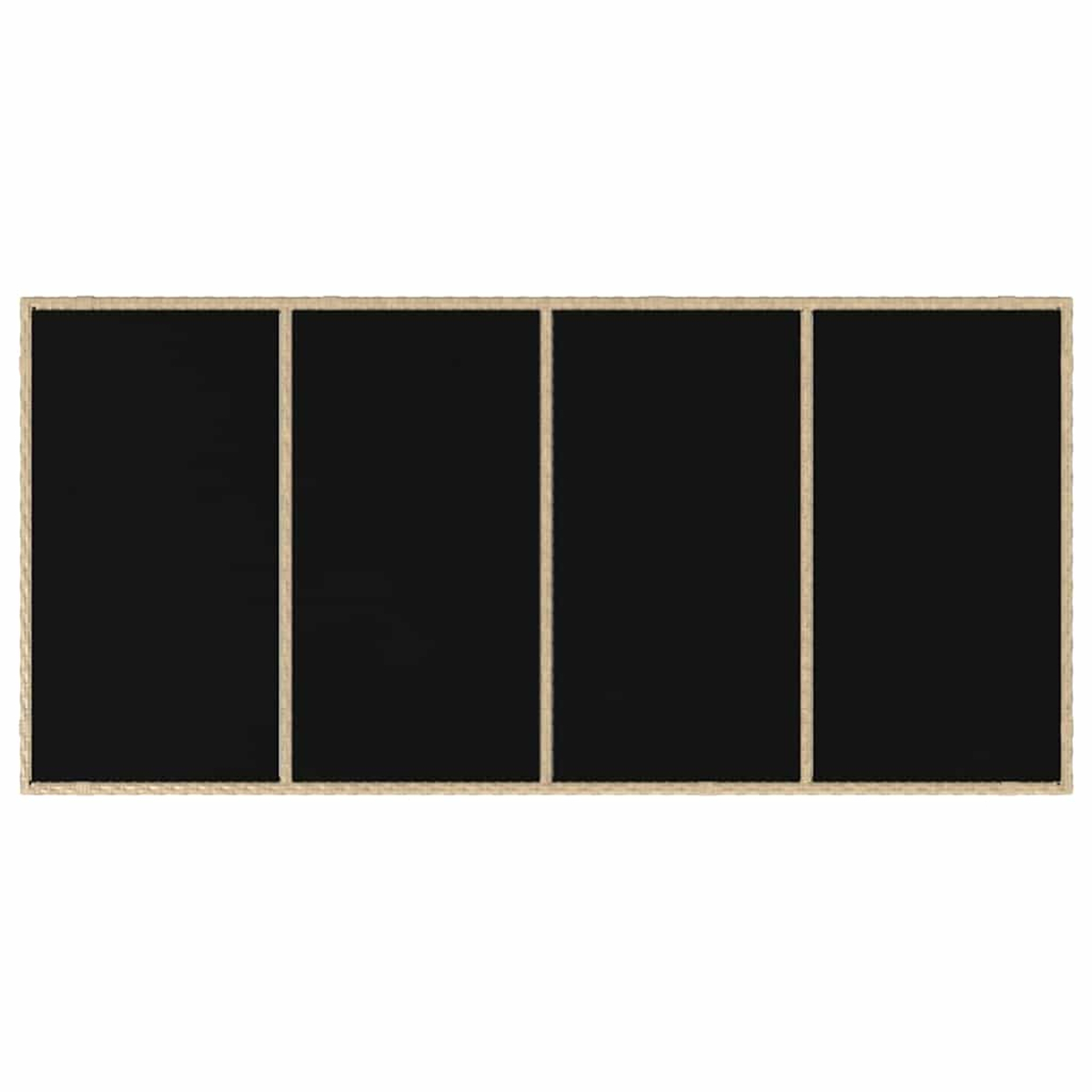Rechteckige schwarze Tafeln mit hellen Holzrahmen, horizontal angeordnet. Vier schwarze Bereiche, getrennt durch vertikale Holzbalken.