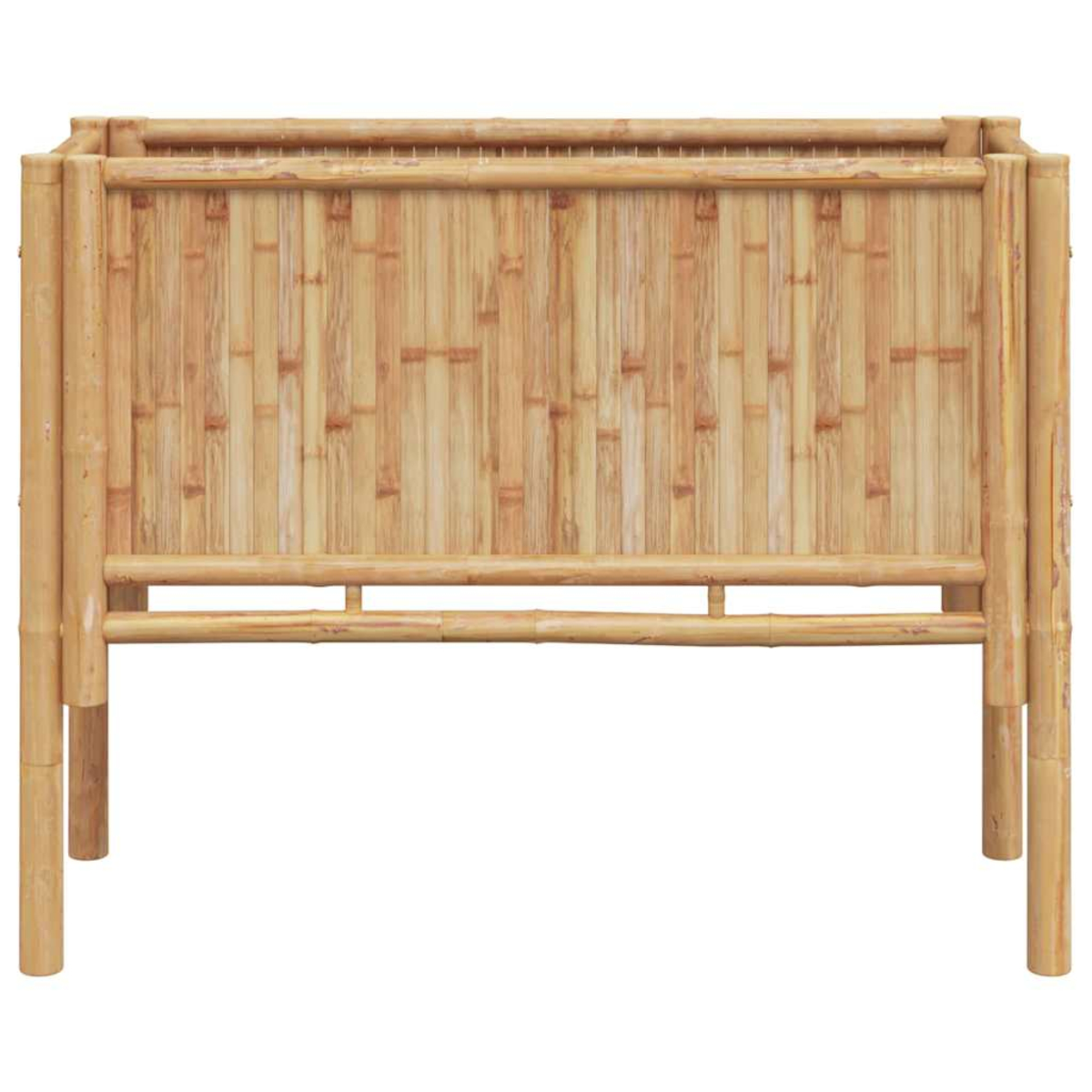 Un'aiuola in bambù. È rettangolare con un design a doghe di legno e quattro gambe. Lo sfondo è bianco.