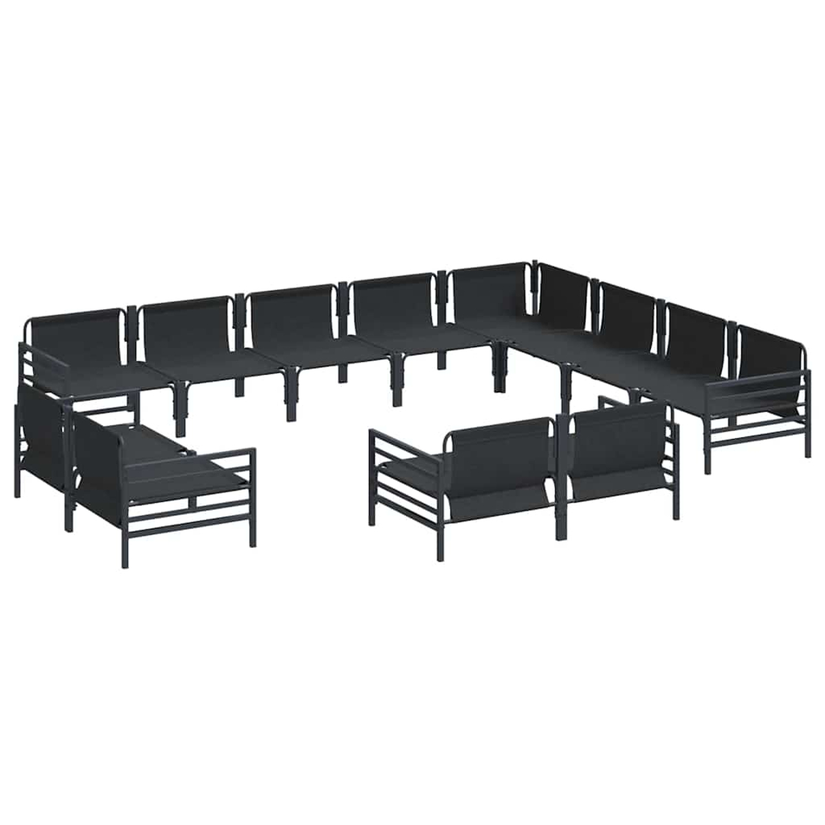 Ein schwarzes Outdoor-Sofa-Set, bestehend aus mehreren Teilen, die in U-Form und als Einzelbestuhlung angeordnet sind.