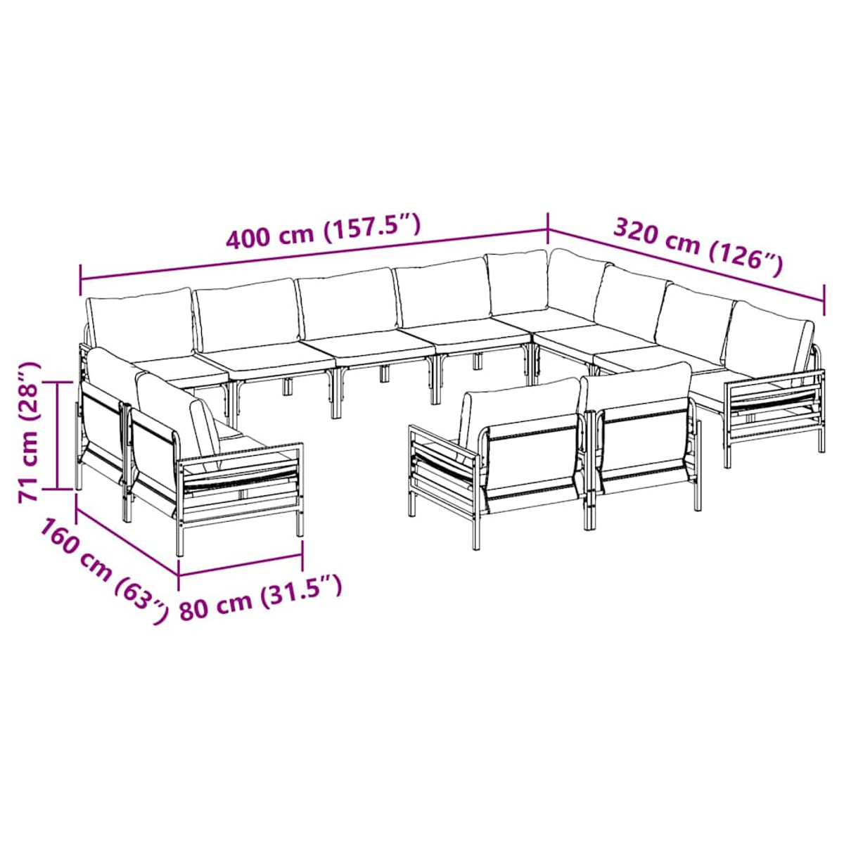 Eine Illustration zeigt ein modulares Gartenmöbel-Set mit Abmessungen in cm und Zoll. Es umfasst ein großes Sofa und Sessel.