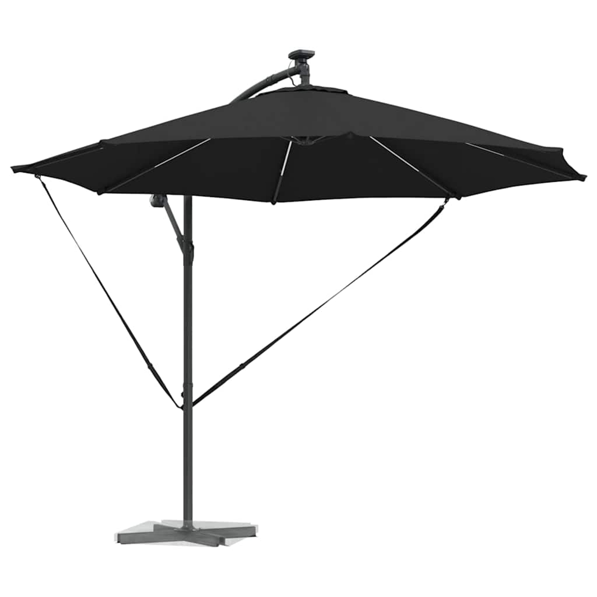 Ombrellone da patio nero decentrato su sfondo bianco. Ha una capote quadrata e un palo con base.