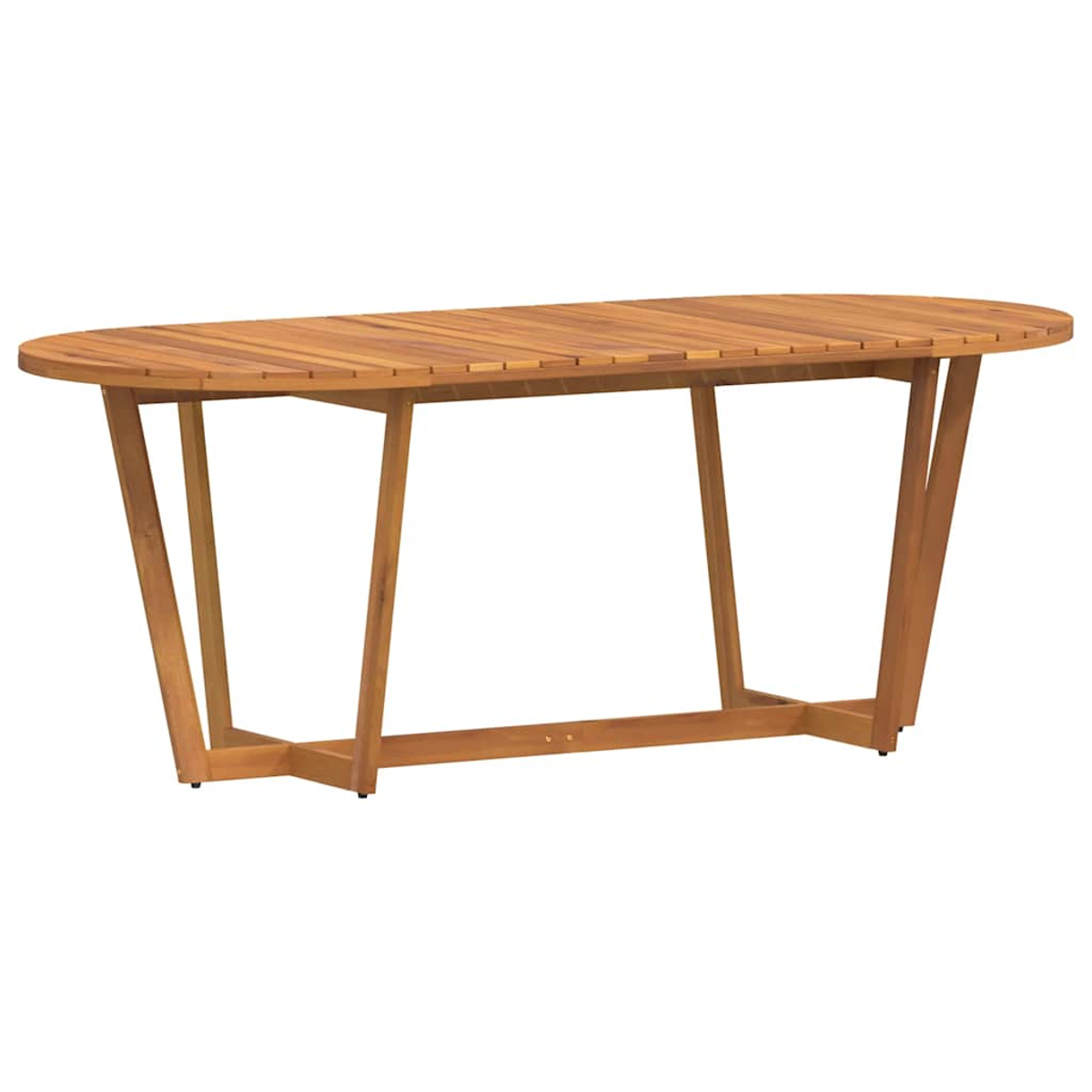 Mesa ovalada de madera con tapa de listones, soportada por patas anguladas y una base de conexión. La mesa es marrón, sobre fondo blanco.