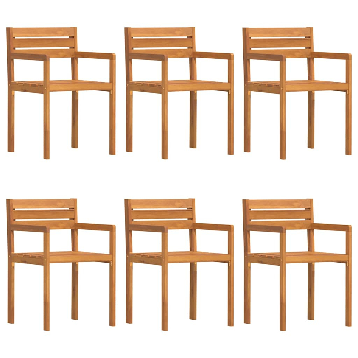 Seis sillones de madera dispuestos en dos filas de tres, todos con color marrón claro y diseño simple, sobre fondo blanco.