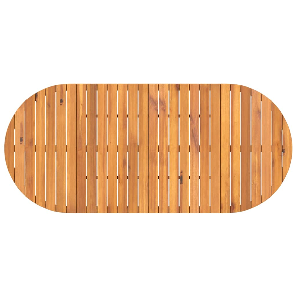 Vista superior de una mesa ovalada de madera. La mesa está hecha de listones de madera verticales. El fondo es blanco.