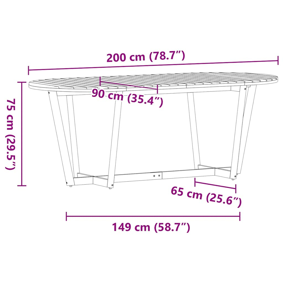 Un dibujo lineal de una mesa ovalada de madera con dimensiones etiquetadas: 200cm de largo, 75cm de alto, 149cm de ancho y 90cm de ancho.
