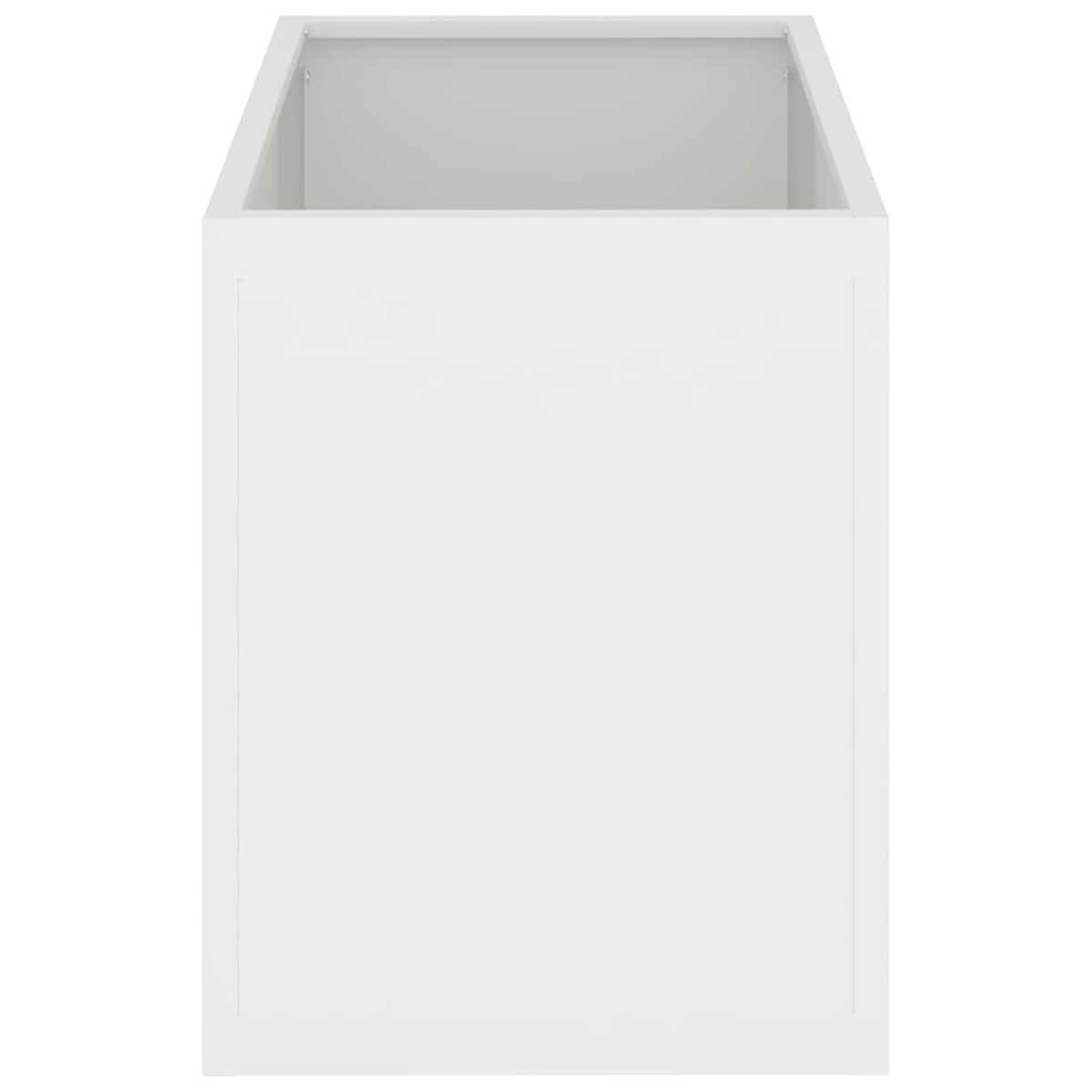 Eine weiße, quadratische, oben offene Box steht mittig vor einem weißen Hintergrund. Die Box ist symmetrisch mit sichtbaren Kanten und Ecken.