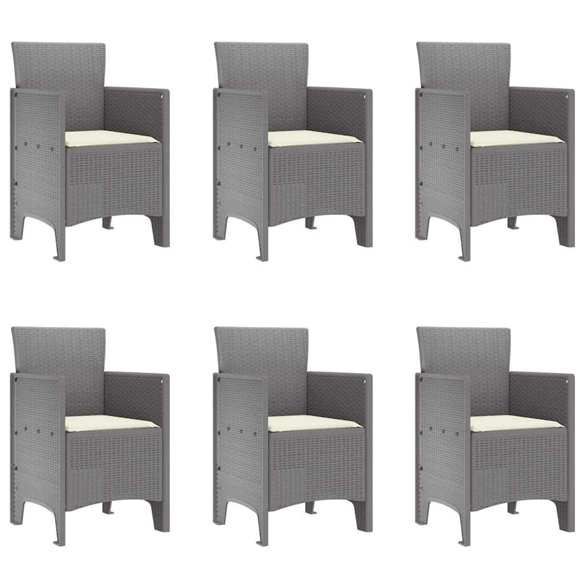 Sechs graue Outdoor-Sessel mit beigefarbenen Sitzkissen sind in einem Raster angeordnet.