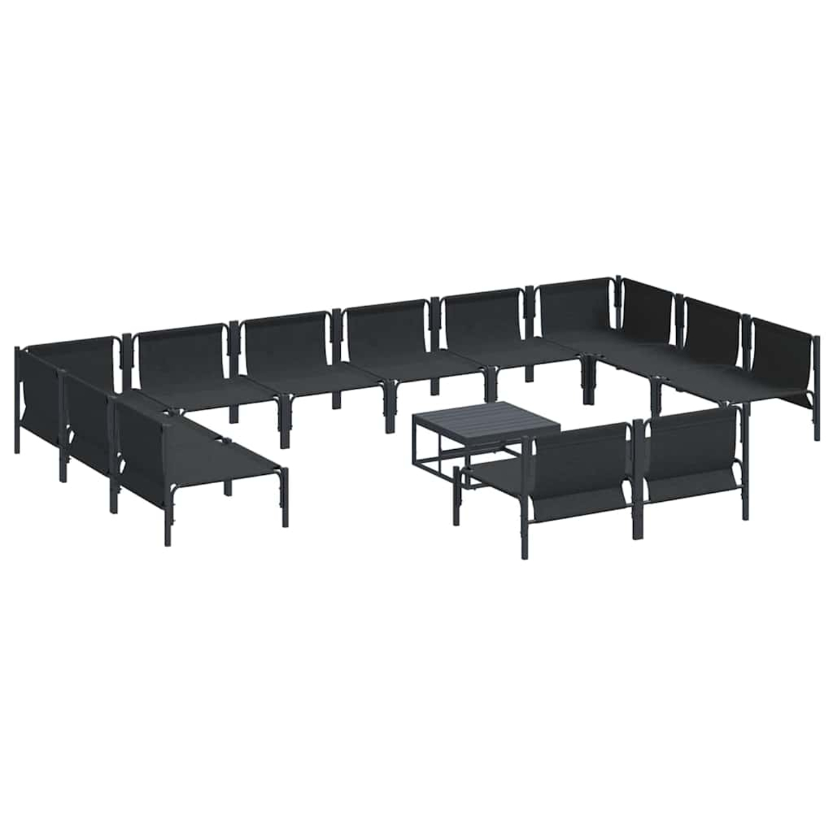 Ein modulares Outdoor-Sitzgruppen-Set mit dunkelgrauen Rahmen. Es besteht aus mehreren verbundenen Sitzen und einem kleinen quadratischen Tisch, alles auf weißem Hintergrund.